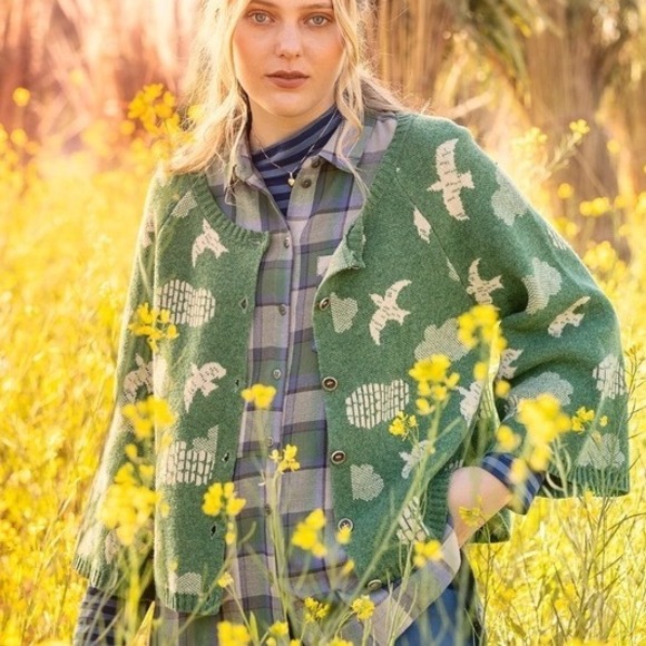 Gudrun Sjoden Sweaters - Gudrun Sjoden Green Wool Knit Cardigan Flyttfagen Sweater Large Bell Sleeve Boho